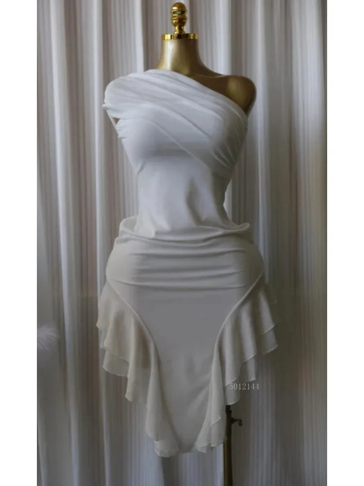 Elegant Women One Shoulder Stacked Ruched  Ruffles Asymmetrical Bodycon Midi Dress