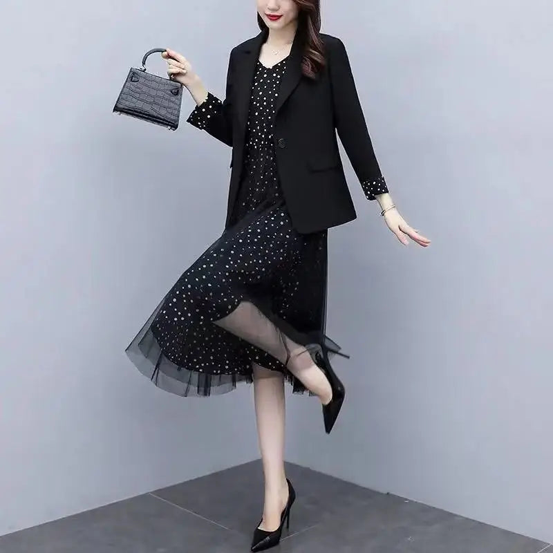 Spring Autumn New Suit Coat Floral Sling Dress Two-pieceJacket Skirt Set