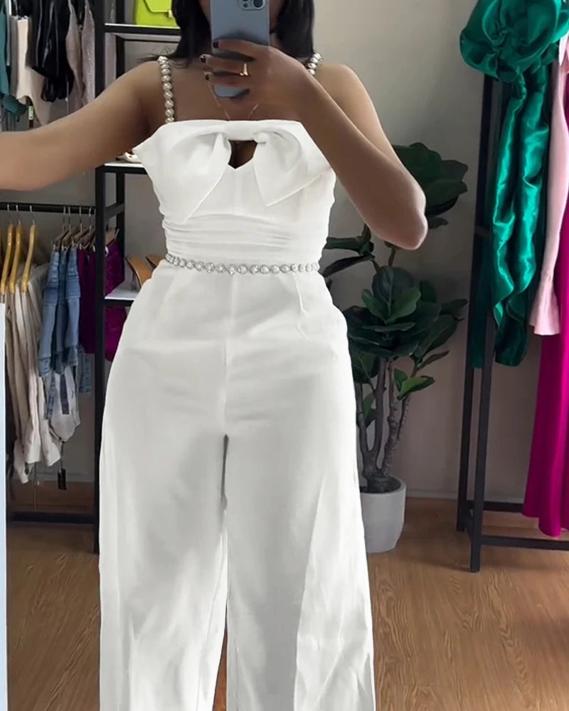 New Bandeau Beaded Spaghetti Strap Bowknot Design Ruched Slim Fit Jumpsuit
