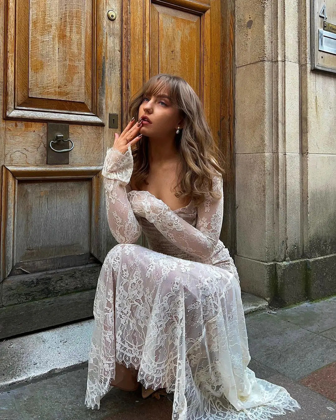 Elegant Vintage Hollow Out Lace Maxi Dress