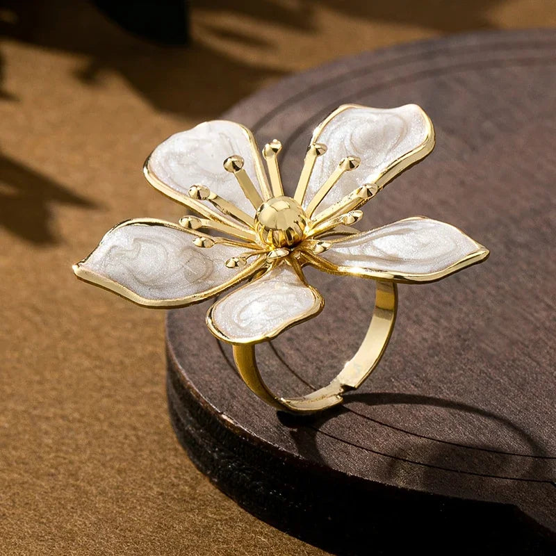 White Enamel Flower Adjustable Ring