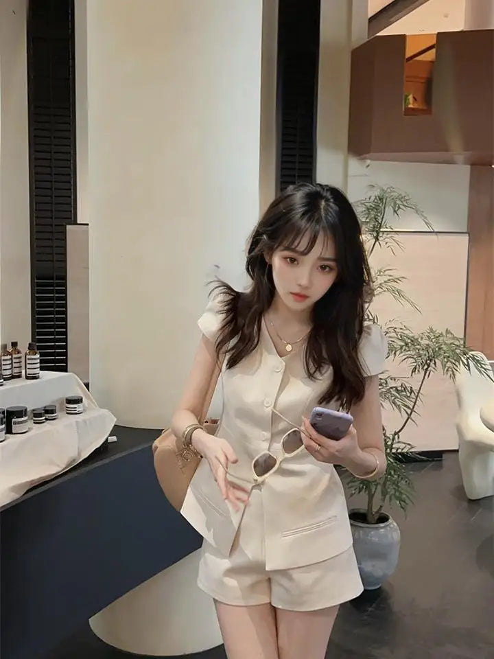 Elegant Slim Fit Vest and High Waist Shorts Two Piece Set