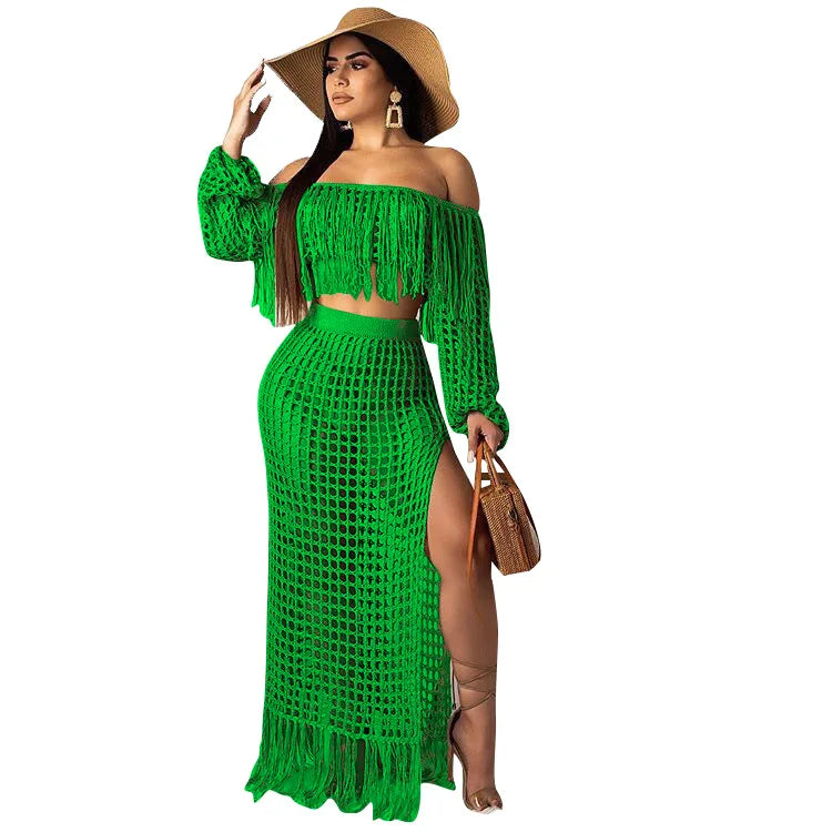 Beach Long Skirts Suit Off Shoulder Tassels Sexy Hollow Out Ensemble 2 Piece Set