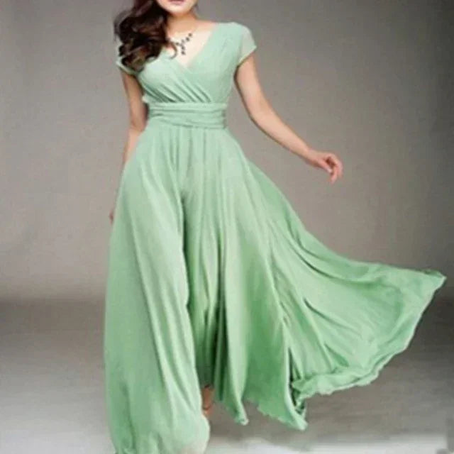 2025 Women's V Neck Short Sleeve Evening Party Dress Temperament Solid Colour Long Cocktail Chiffon High Waist Summer Dresses