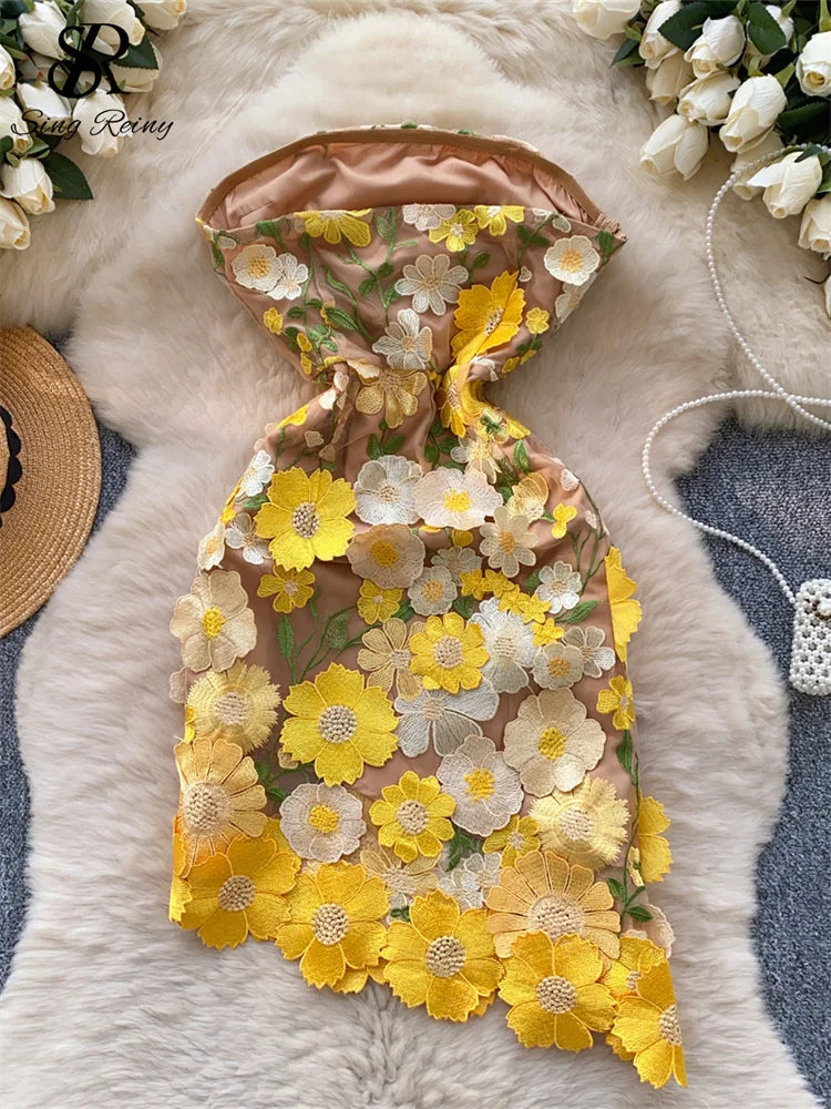 Sleeveless Zipper Design 3D Embroidery Floral Irregular Strapless Dress