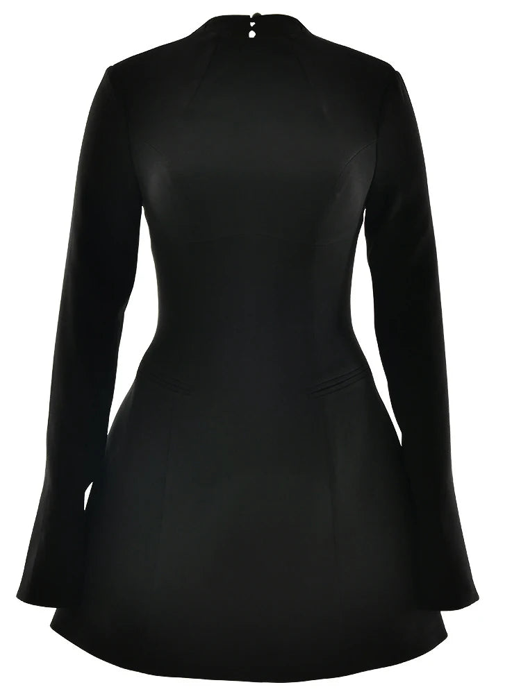 Sexy Backless A-line Button Black Round Neck Long Sleeve Mini Dress