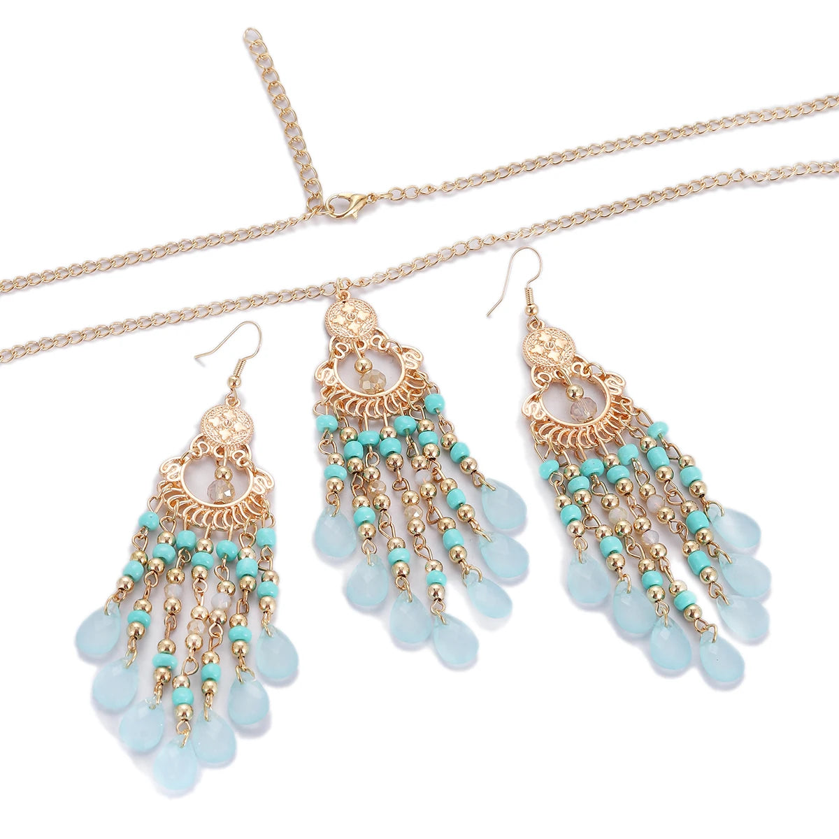 Bohemian Multicolor Crystal Long Tassel Dangle Earrings & Necklace Set – Retro Gold-Plated Geometric Wedding Jewelry