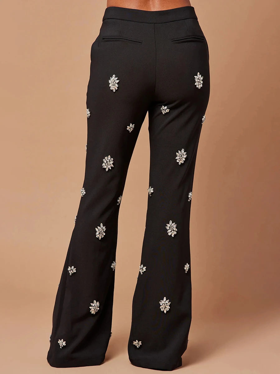 Patchwork Diamonds  Notched Collar Long Sleeve Blazer High Waist Flare Pant Chic Sets