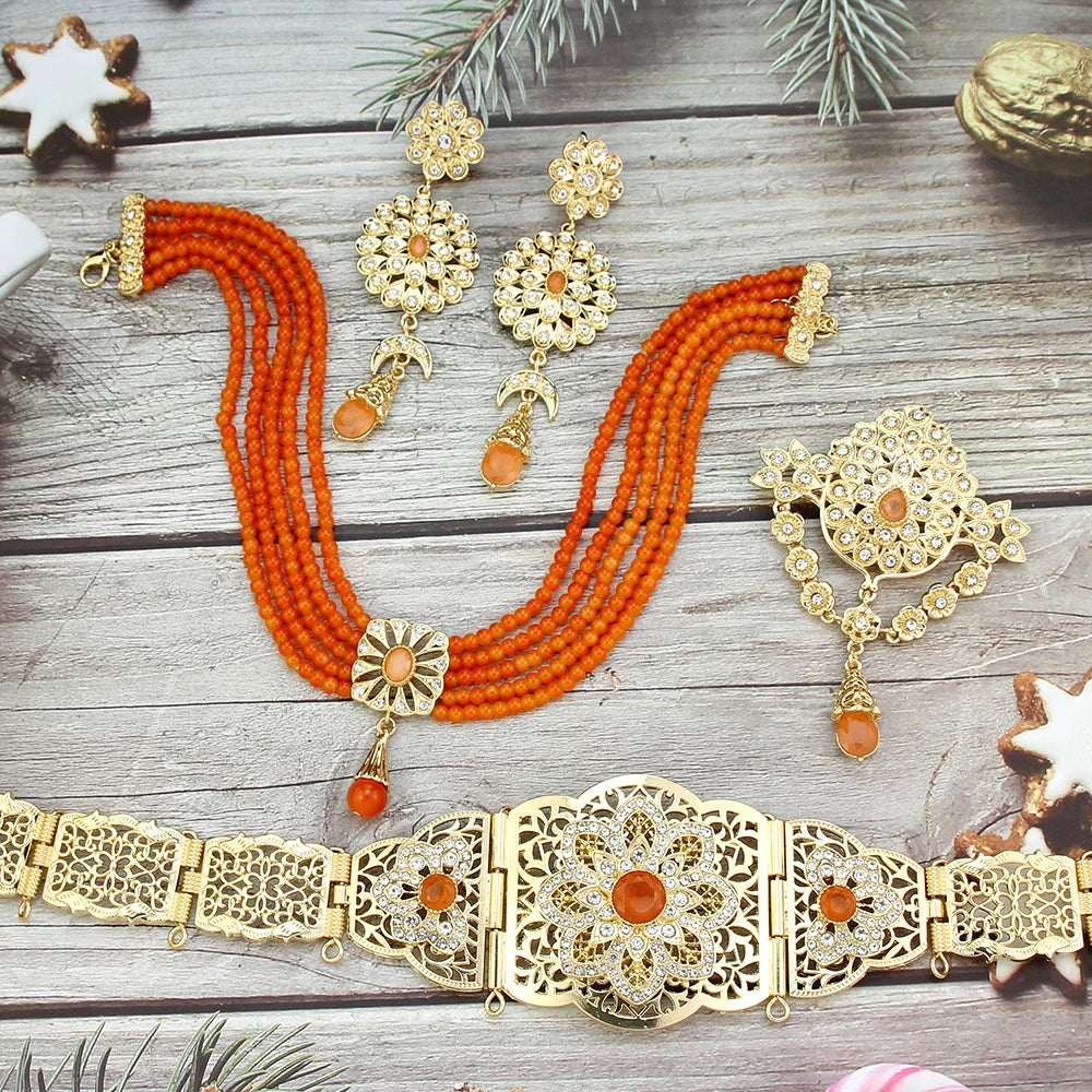 Gold Color Caftan Waist Chain Belt Orange Bead Choker Necklace Drop Earring Brooch
