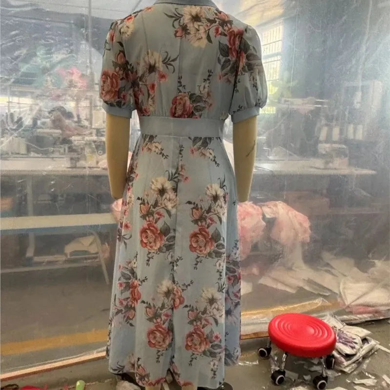 Women’s V‑Neck Ruffle Short Sleeve Floral Chiffon Maxi Dress