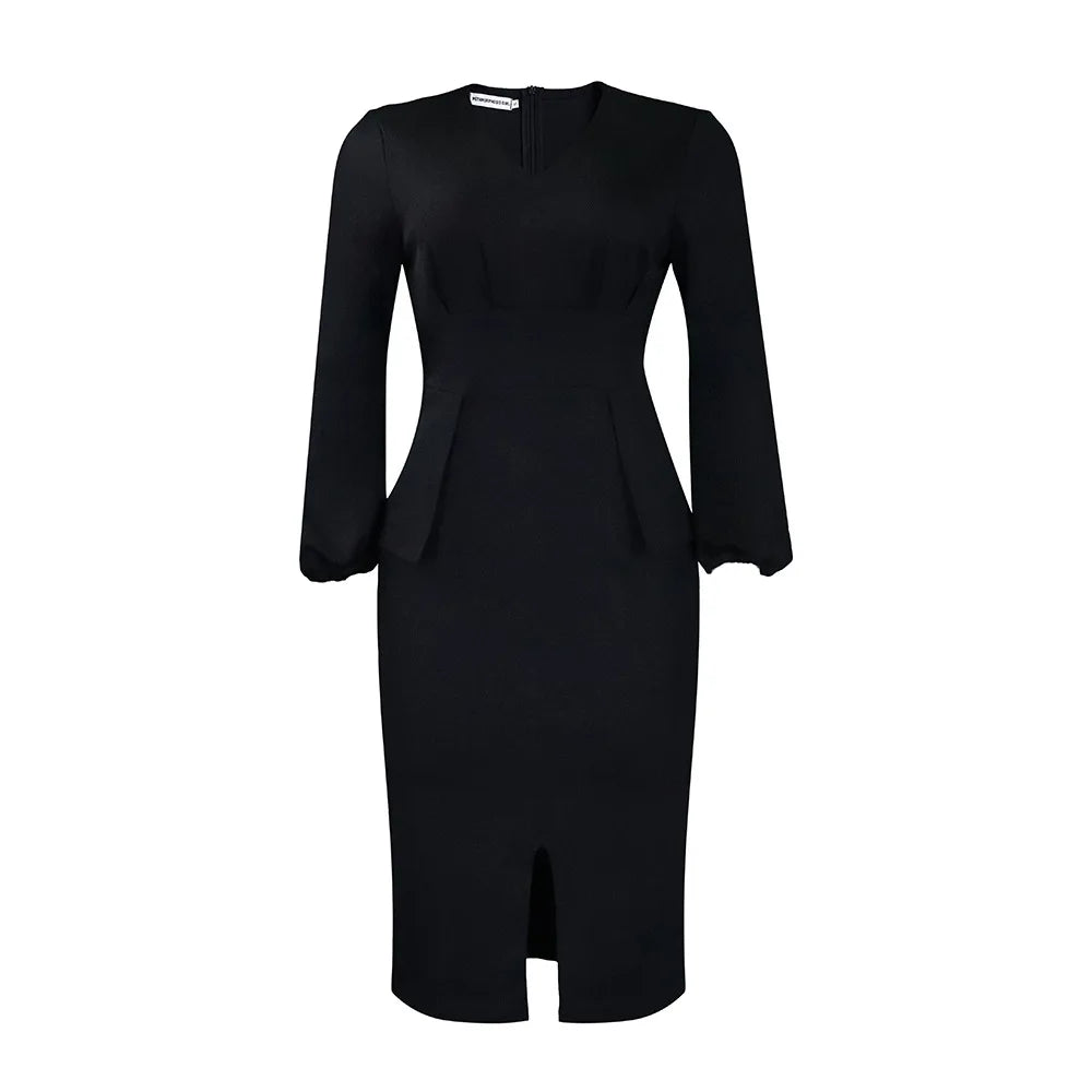New  V-neck Puffed Sleeve Slit Dress