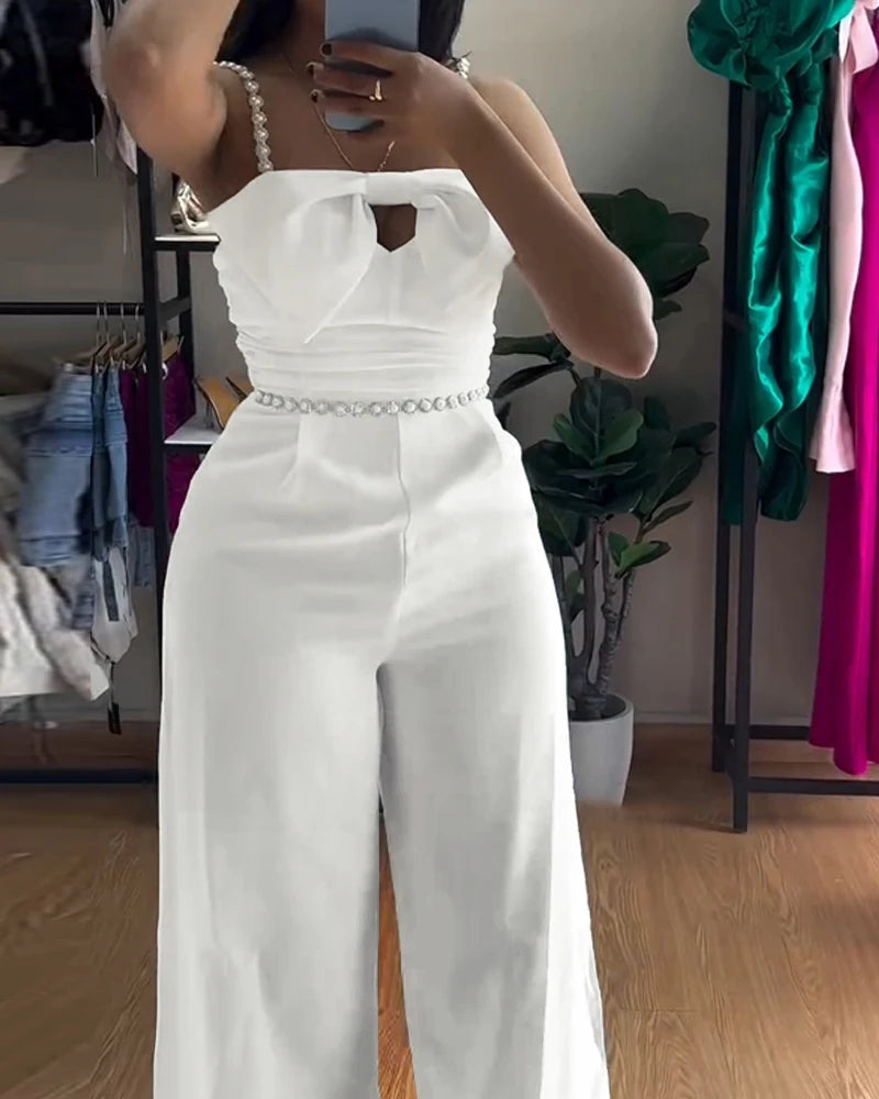 New Bandeau Beaded Spaghetti Strap Bowknot Design Ruched Slim Fit Jumpsuit