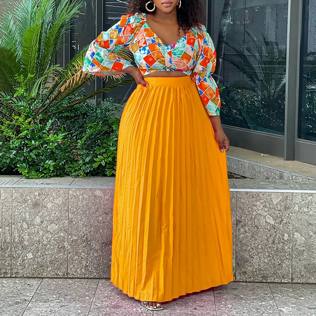 Fashion Autumn V Neck Long Sleeve Print Blouse Pleated High Waist Long Skirt