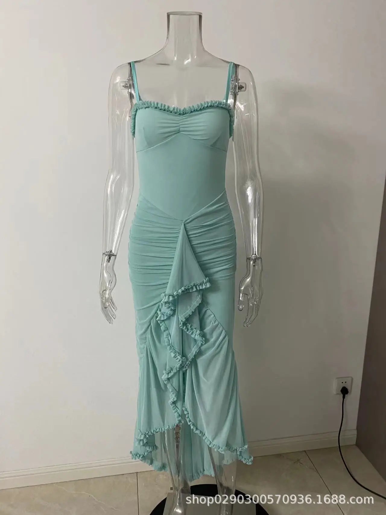 Elegant Irregular Ruffles Hem Pleated Sling Maxi Dress