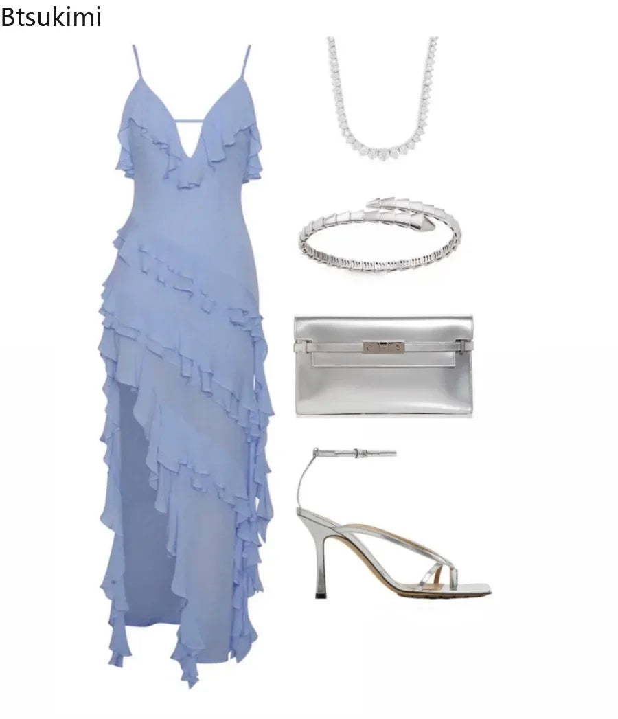 2026 Summer Sexy Ruffles Spaghetti Strap Maxi Dress
