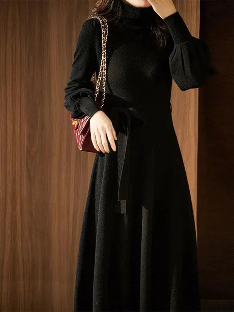 Autumn Winter Lantern Sleeve Turtleneck  Warm Knit Sweater Dress