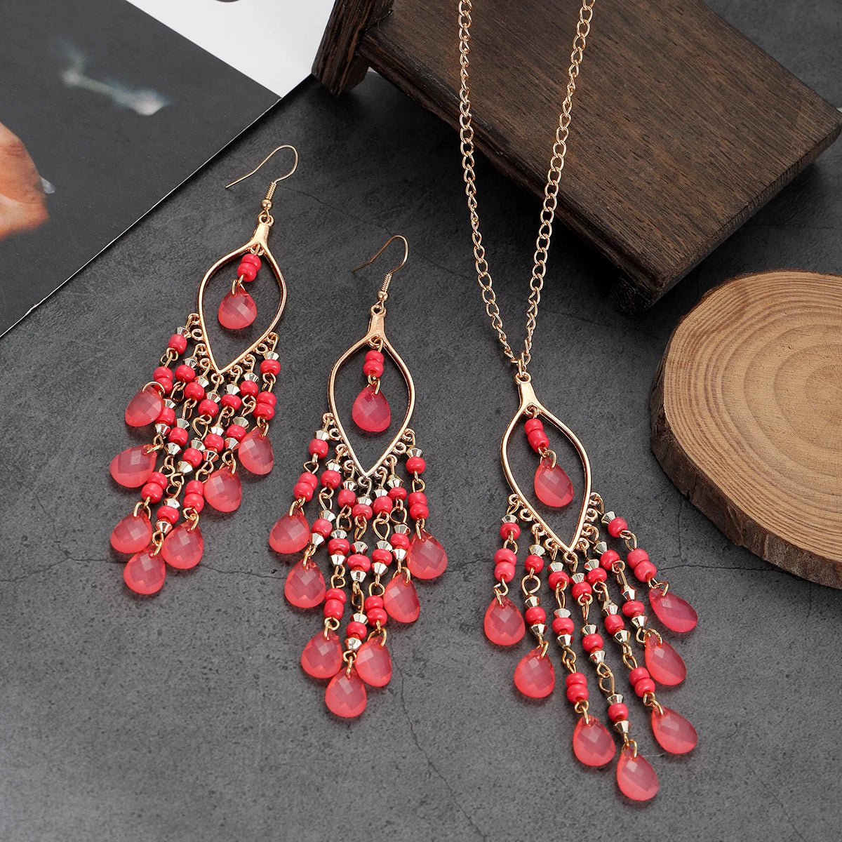 Bohemian Multicolor Crystal Long Tassel Dangle Earrings & Necklace Set – Retro Gold-Plated Geometric Wedding Jewelry