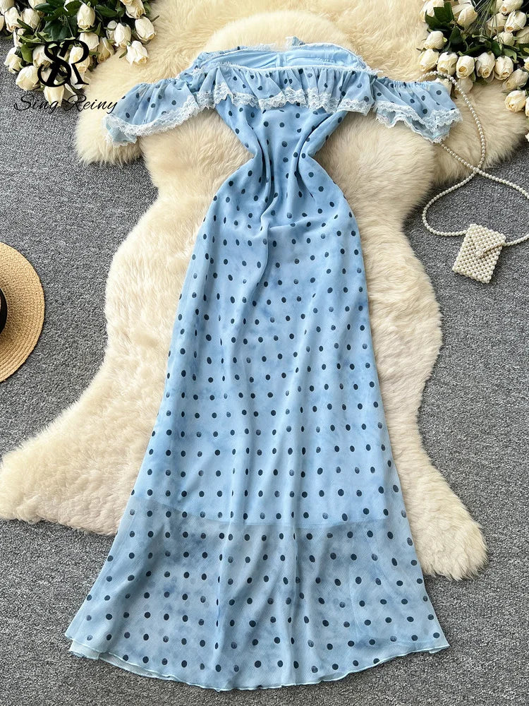 Polka Dot Off-Shoulder Chiffon Long Dress
