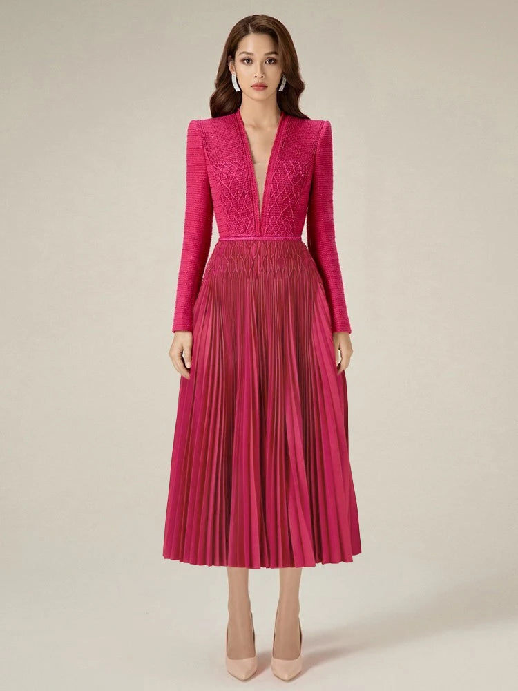 Deep V-neck Long Sleeve High Waist Pleated Braid Broad Shoulder Dresses