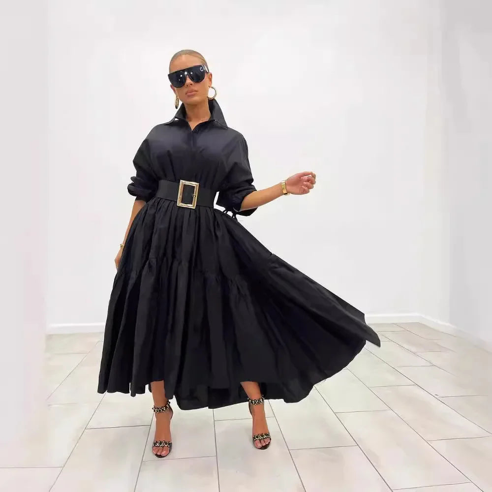 Turn Down Collar Button Vintage Loose  Casual Belt A Line Summer Maxi Dress
