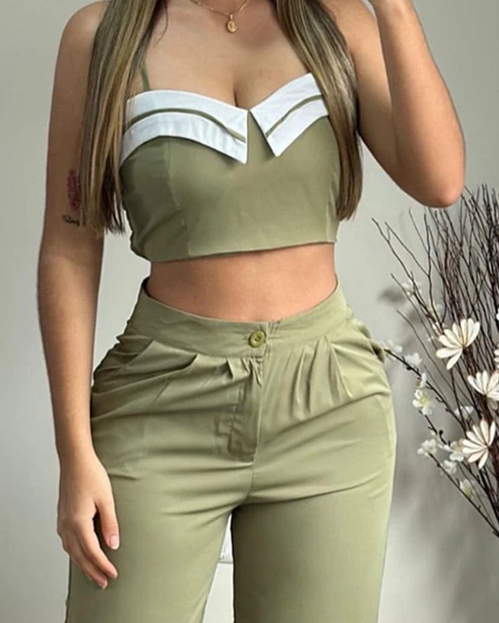 Sexy Elegant Crop Cami Top & Ruched Pocket Design Pants Set