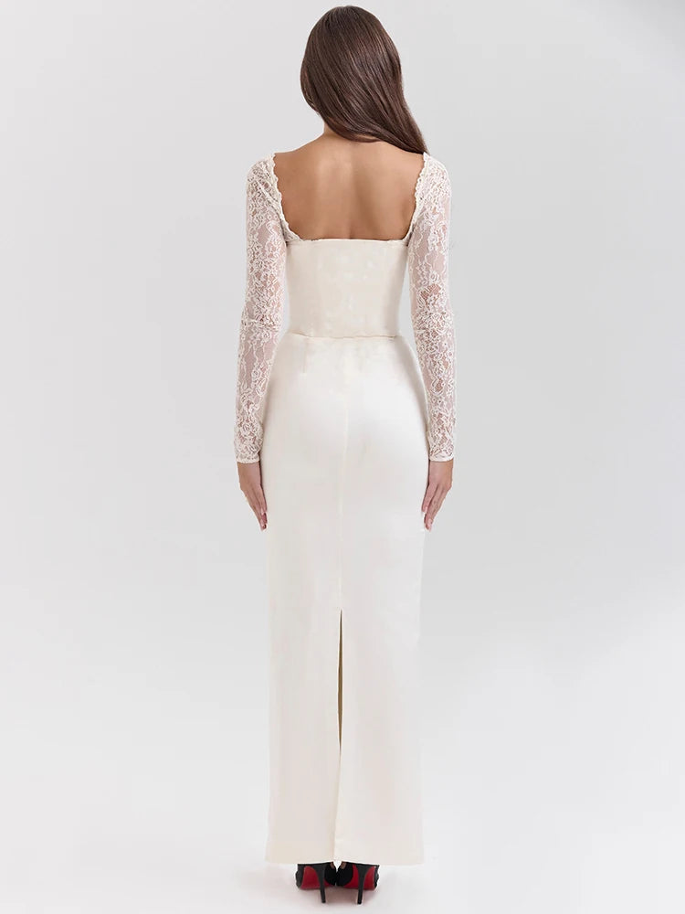 Lace Long Sleeve White Square Collar Backless Back Split Bodycon Club Party Long Dress