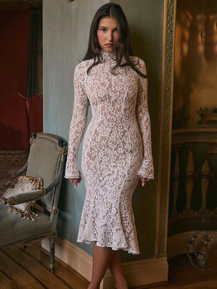 Lace Long Sleeve Sexy Midi Dress
