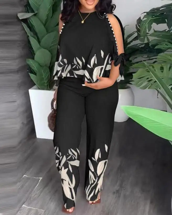 Plus Size Fashion Short Sleeve Crew Neck Beaded Positioning Printed Tops + Straight Pants