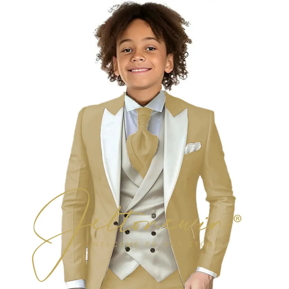 Kids Formal Wedding Suit – Jacket, Pants & Ivory Vest Tuxedo Set
