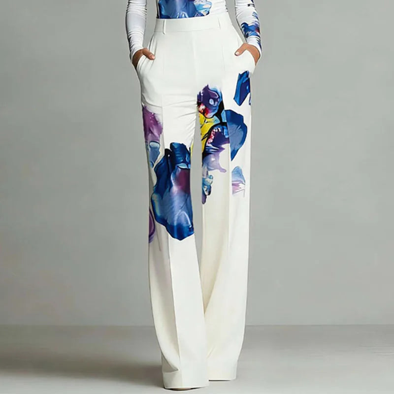 Spring Abstract Floral Two‑Piece Set – Elegant Long Sleeve Top & High Waist Wide Leg Pants