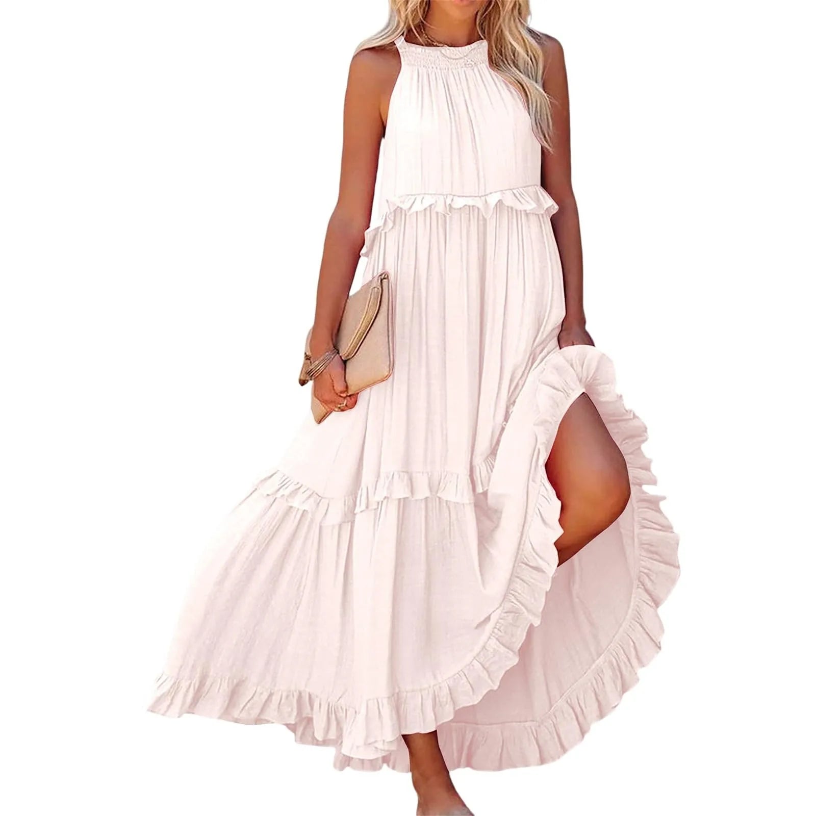 Long Summer Round Neck Flounce Pleated Romantic Big Swing Beach Dresses