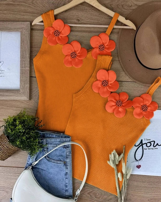 Summer Fashion Floral Pattern Beaded Decor Casual U-Neck Plain Sleeveless Tight Fitting Daily Knit Tank Top