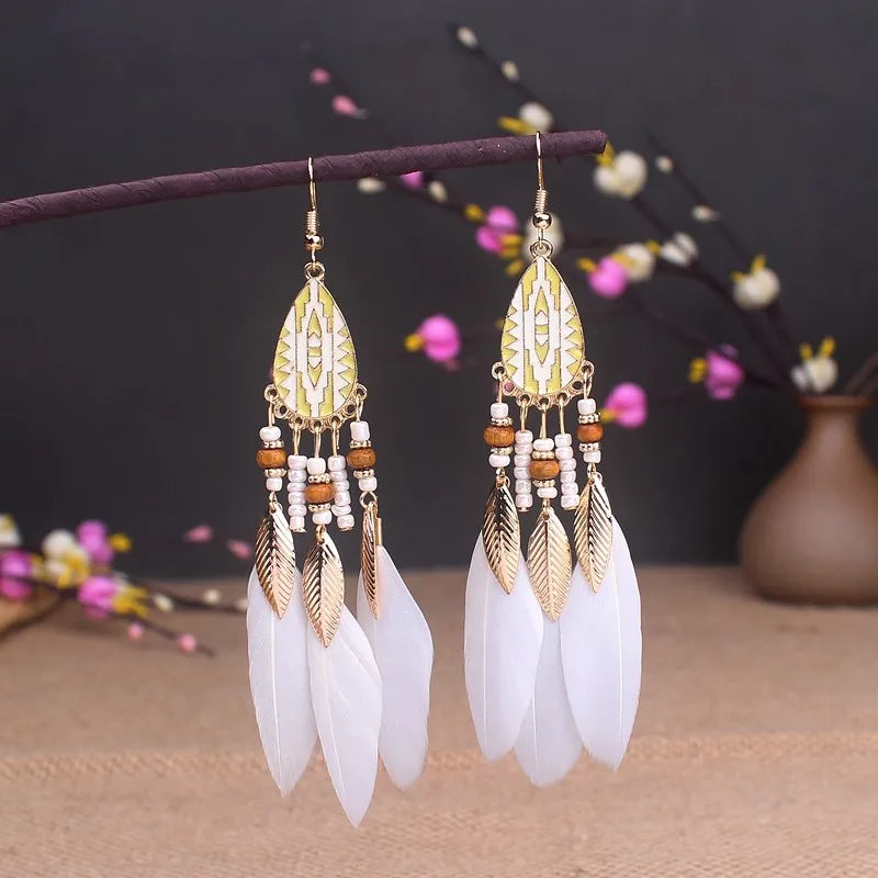 Boho Long Feather Dangle Earrings – Handmade Tassel & Enamel Flower Statement Jewelry for Women