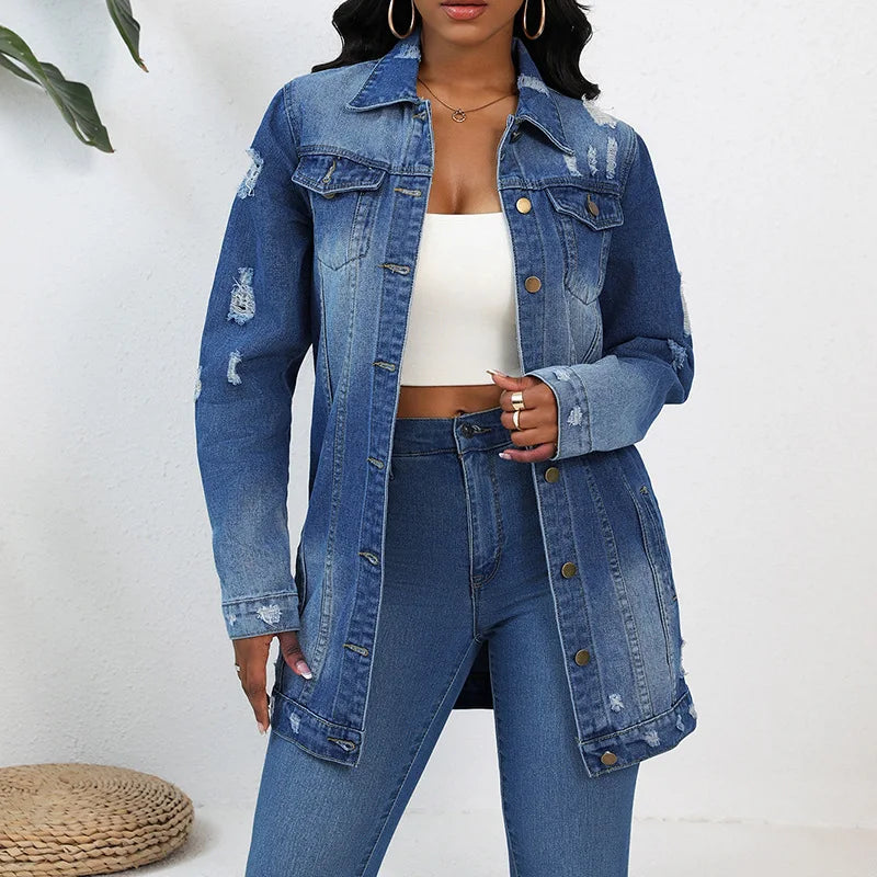 Women’s Mid-Length Denim Coat – Y2K Streetwear, Turn-Down Collar, Single-Breasted Casual Jacket