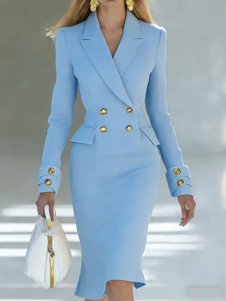 Elegant V‑Neck Double‑Breasted Blazer Dress