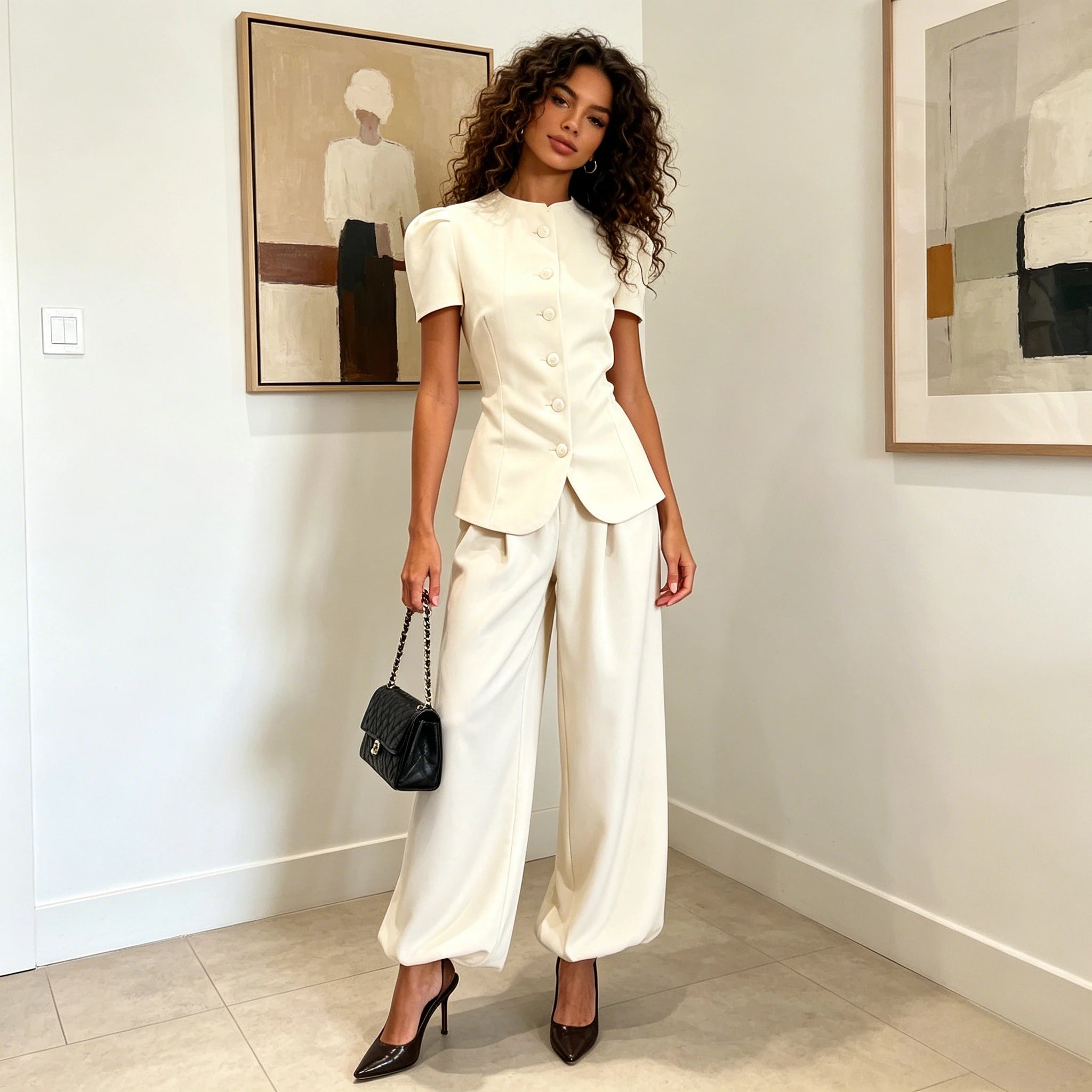 Round Neck Short Sleeve Top & Wide Leg High Waist Pants