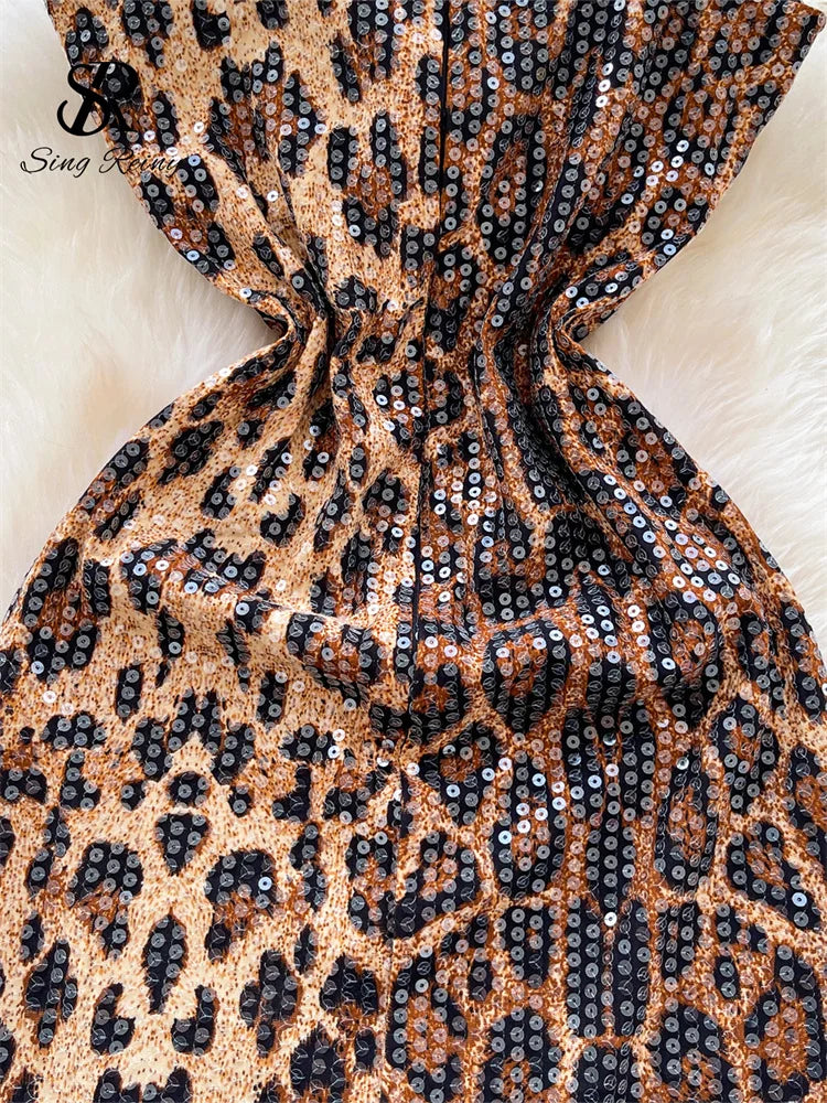 Sexy Leopard 2026 Summer Trendy Night Club Sequined Glitter Bodycon Mini Dresses
