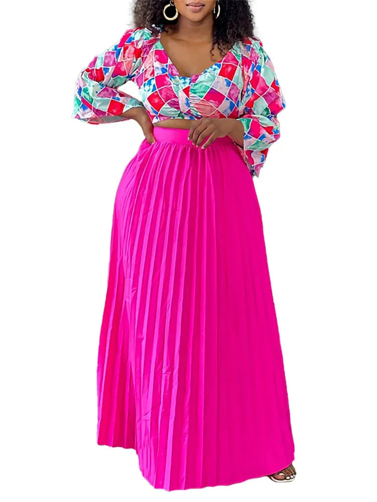 Fashion Autumn V Neck Long Sleeve Print Blouse Pleated High Waist Long Skirt