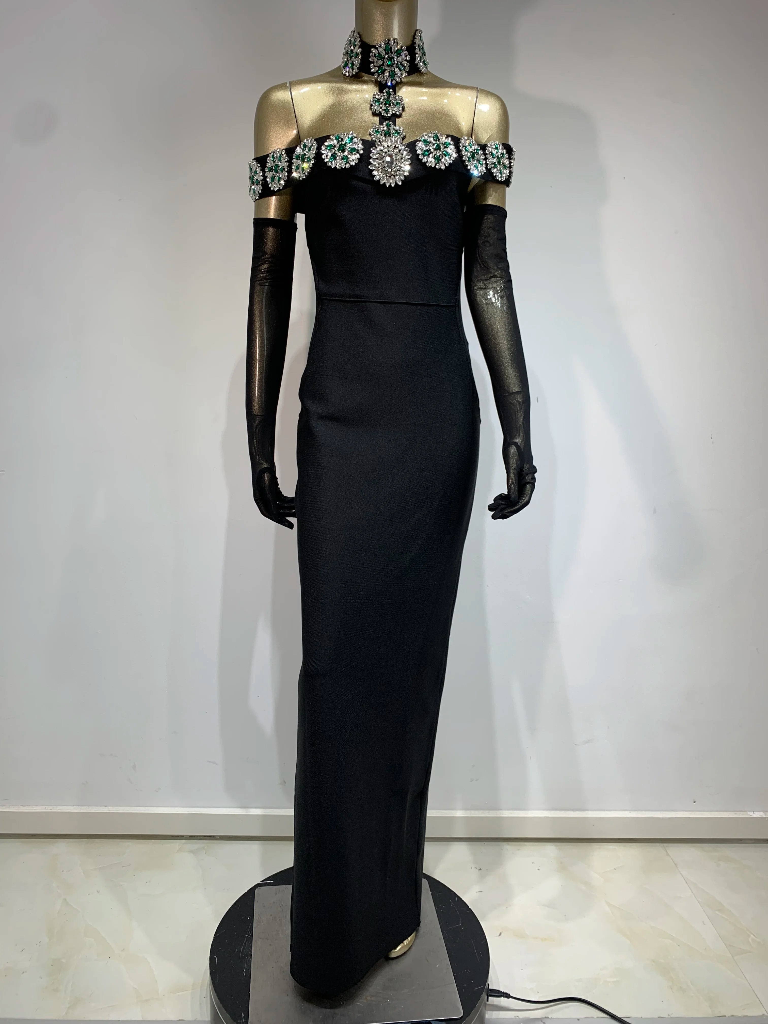 Celebrity Sexy Diamonds Crystal Black Maxi Long Bodycon Elegant Dress