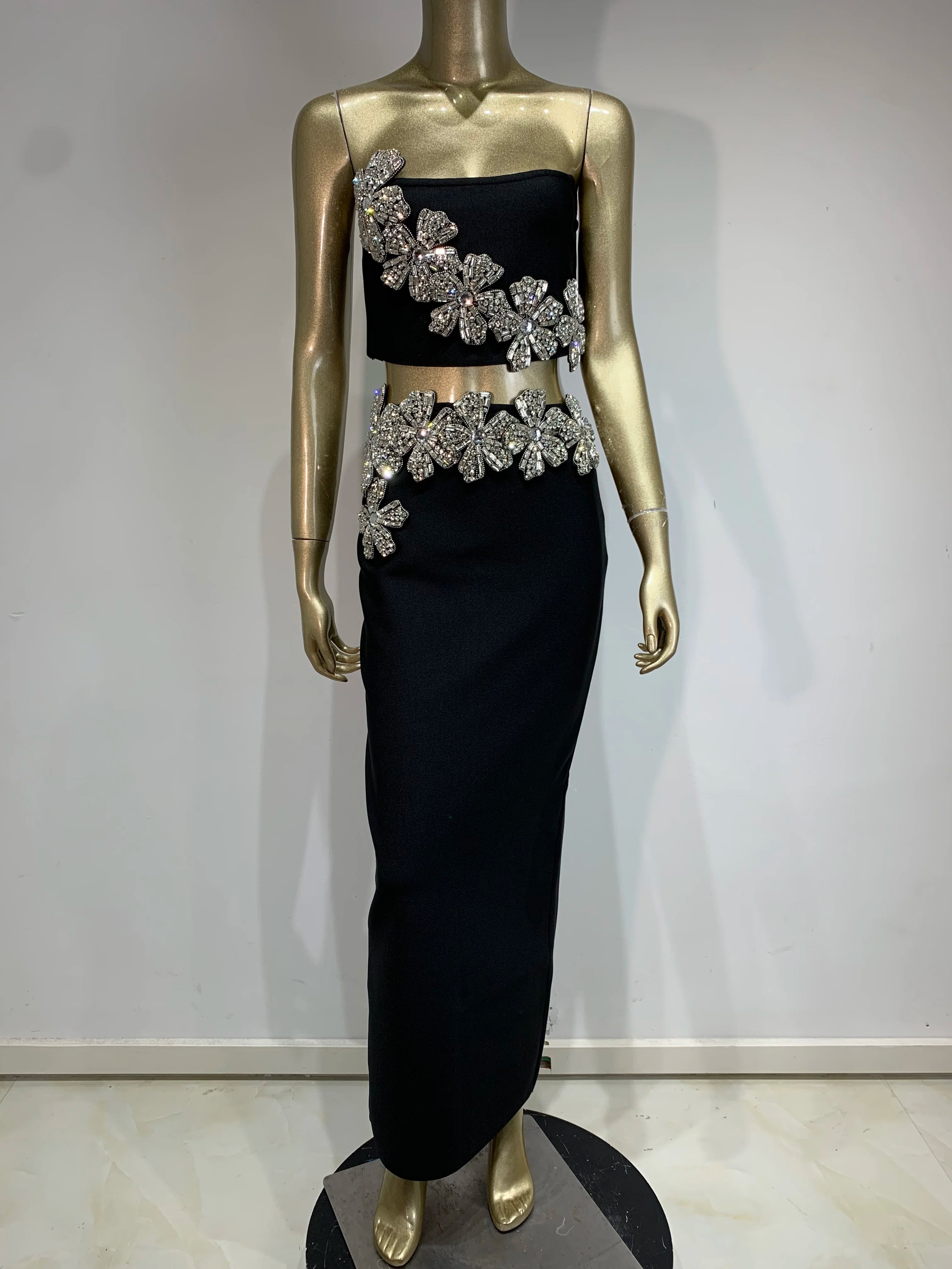 Sexy Strapless Flower Diamonds Crystal Black Maxi Long Bandage Skirt Set