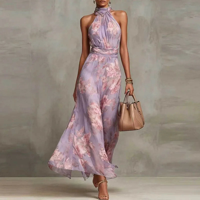 Elegant Floral Halter Off-Shoulder Chiffon Maxi Dress – Boho Summer Party & Beach Favorite