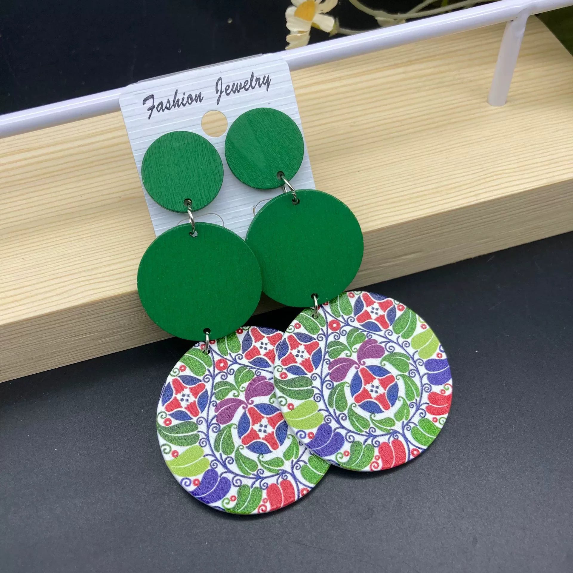 New Ethnic Retro Circular Printed Wooden Earrings – Long Bohemian Colorful Statement Jewelry