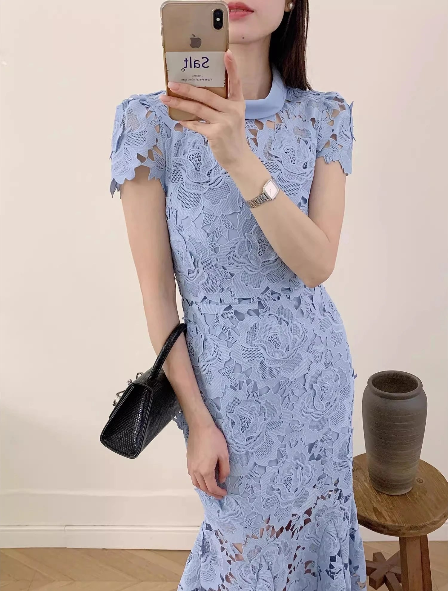 Light Blue Lace Trumpet Dress