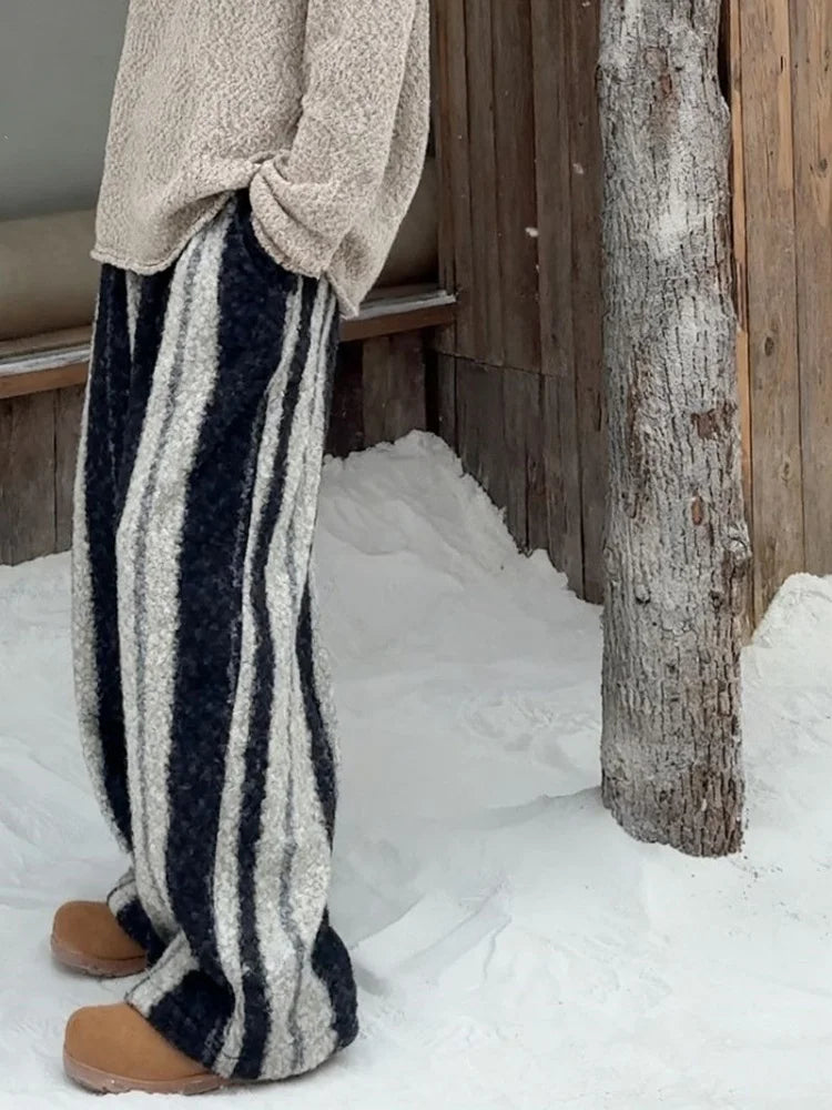 Thickened Winter Retro Lazy Stripe Loose Long Pants