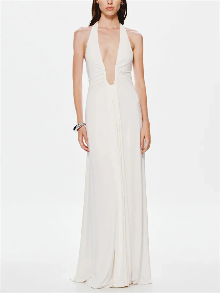 Summer Fashion V-Neck High Waist Backless Slim Pleated Solid Elegant Party Dress