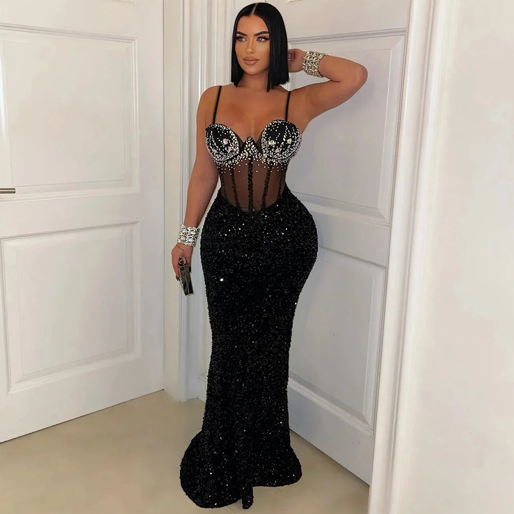 Sexy Mesh Velvet Diamonds Sequin Patchwork Long Dress