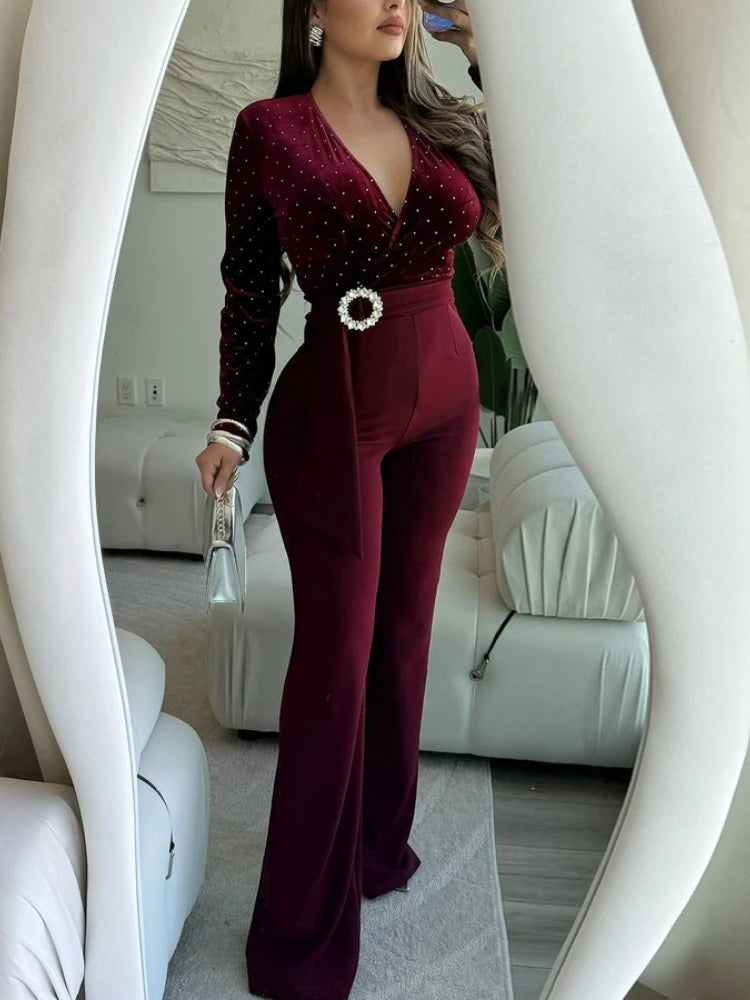 Sexy Velvet Patchwork Deep V Neck Flare Jumpsuits