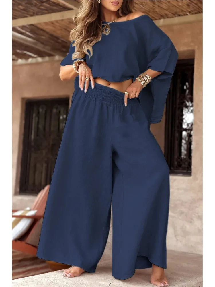Lady Fashion 2‑Piece Off‑Shoulder Wide Leg Set