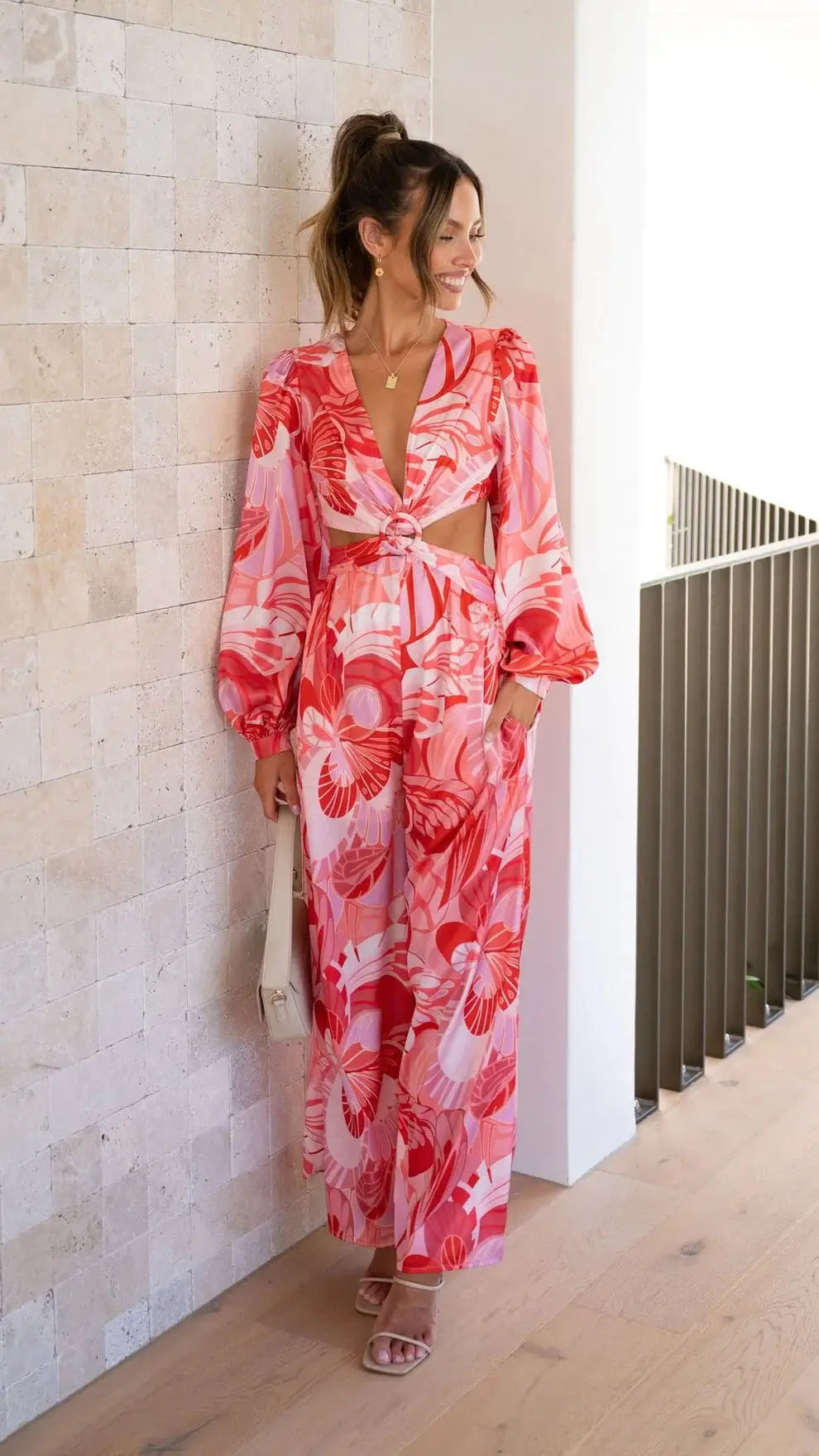 Sexy V Neck Long Sleeve Floral Print Jumpsuits