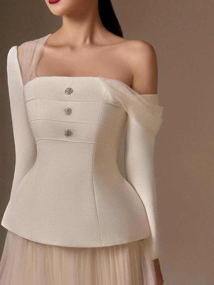 Diagonal Collar Long Sleeve Tunic Top High Waist A Line Skirt Sets